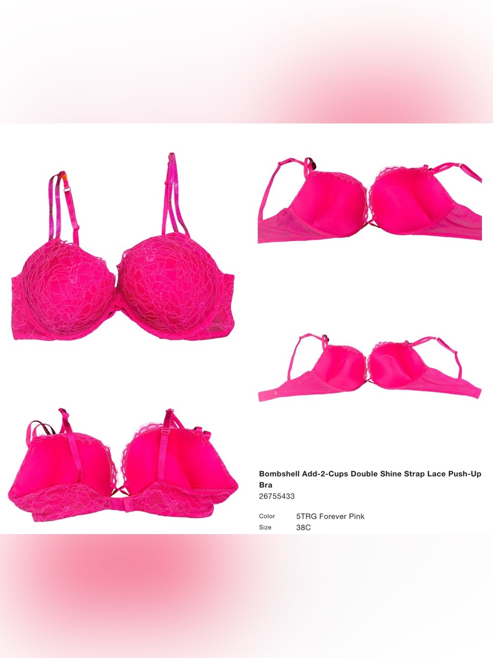Victoria’s Secret Bombshell Double Shine Strap Bra - 38C - Forever Pink